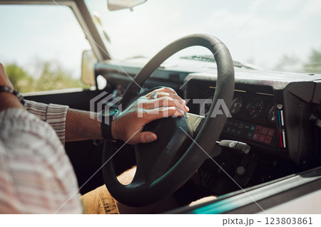 Steering wheel hands press car horn in road trip, traffic jam and journey. Closeup travel man, taxi driver and motor vehicle transportation sound for attention, caution and warning for driving street Steering wheel hands press car horn in road trip, traffic jam and journey. Closeup travel man, taxi driver and motor vehicle transportation sound for attention, caution and warning for driving street 123803861