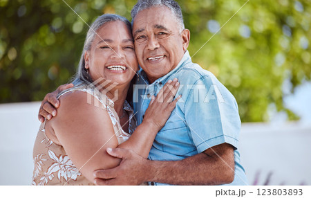 Love, senior couple and hug with smile, happy and bonding to celebrate, relationship, marriage and being romantic together. Portrait, mature man and woman hold each other, being loving or for romance Love, senior couple and hug with smile, happy and bonding to celebrate, relationship, marriage and being romantic together. Portrait, mature man and woman hold each other, being loving or for romance 123803893