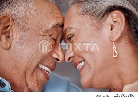 Love, senior couple and happy together, care, relationship support and relaxed retirement bonding. Elderly funny man and woman happy face, sweet relax smile and laughing in home 123803896