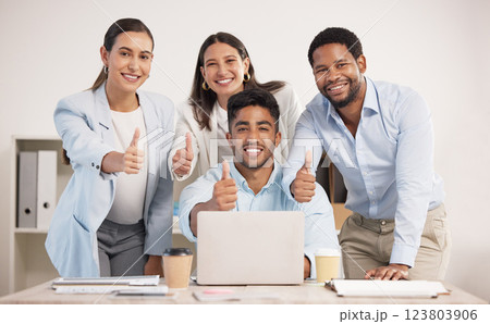 Thumbs up, success and business people portrait in office for teamwork celebration, collaboration and motivation. Happy, diversity and winner employees, support and goal, trust feedback and hand vote Thumbs up, success and business people portrait in office for teamwork celebration, collaboration and motivation. Happy, diversity and winner employees, support and goal, trust feedback and hand vote 123803906