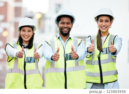 Thumbs up, success and construction employees in collaboration for building goal in city of New Zealand together. Portrait of team of engineer workers with a thank you and agreement in architecture Thumbs up, success and construction employees in collaboration for building goal in city of New Zealand together. Portrait of team of engineer workers with a thank you and agreement in architecture 123803936