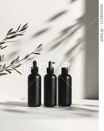 black cosmetic bottles on white background. front view. package for product design, mockup black cosmetic bottles on white background. front view. package for product design, mockup 123804009
