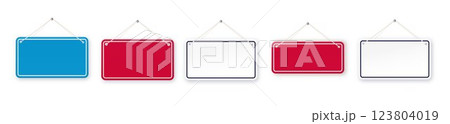 Red and blue shop door signs hanging isolated . Empty or blank sign for store, restaurant or cafe. Vector illustration Red and blue shop door signs hanging isolated . Empty or blank sign for store, restaurant or cafe. Vector illustration 123804019