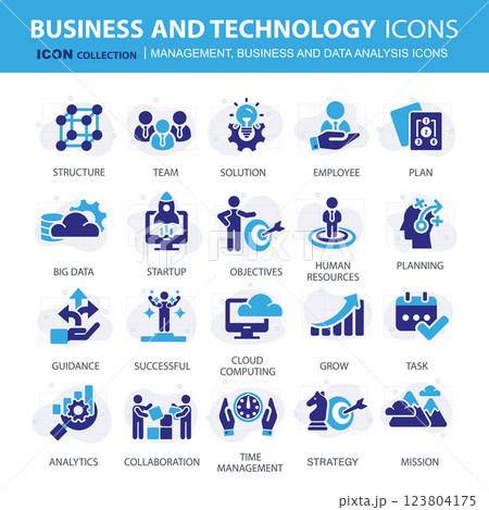 Business, data analysis, organization management and technology icon set. Teamwork, strategy, planning, marketing, cloud technology, data analysis, employee icon set. Icons vector collection Business, data analysis, organization management and technology icon set. Teamwork, strategy, planning, marketing, cloud technology, data analysis, employee icon set. Icons vector collection 123804175