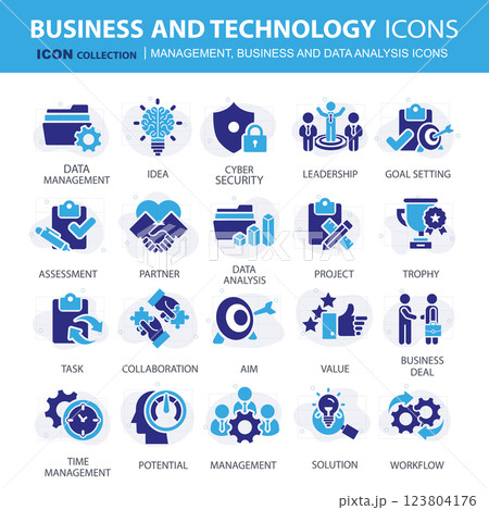 Business, data analysis, organization management and technology icon set. Teamwork, strategy, planning, marketing, cloud technology, data analysis, employee icon set. Icons vector collection Business, data analysis, organization management and technology icon set. Teamwork, strategy, planning, marketing, cloud technology, data analysis, employee icon set. Icons vector collection 123804176