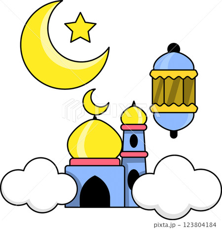 Colorful Ramadan Sticker with Mosque Crescent Moon and Lantern Colorful Ramadan Sticker with Mosque Crescent Moon and Lantern 123804184