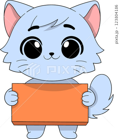Cute Cartoon Cat Holding a Blank Orange Sign for Custom Text Cute Cartoon Cat Holding a Blank Orange Sign for Custom Text 123804186