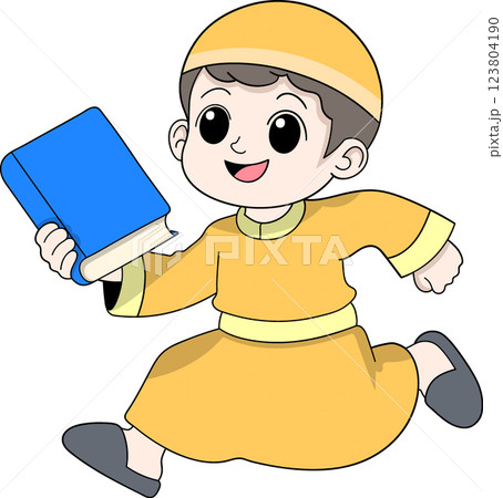 Happy Muslim Boy Running to Mosque Holding a Holy Book 123804190