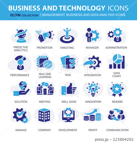 Business, data analysis, organization management and technology icon set. Teamwork, strategy, planning, marketing, cloud technology, data analysis, employee icon set. Icons vector collection 123804202
