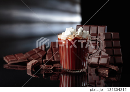 Hot chocolate with mini marshmallow in a glass mug. 123804215
