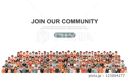 Join our community. Crowd of united people as a business or creative community standing together. Flat concept vector website template and landing page design for invitation to summit or conference Join our community. Crowd of united people as a business or creative community standing together. Flat concept vector website template and landing page design for invitation to summit or conference 123804277