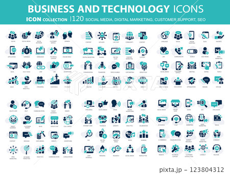 120 Business, data analytics, organization management icons. Social media, digital marketing, customer support and seo icon set. Vector icon collection 123804312