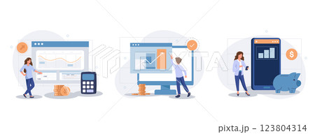 Characters investing money in stock market. People analyzing financial graphs, charts and diagrams and other data. Stock trading concept. Flat cartoon vector illustration and icons set 123804314