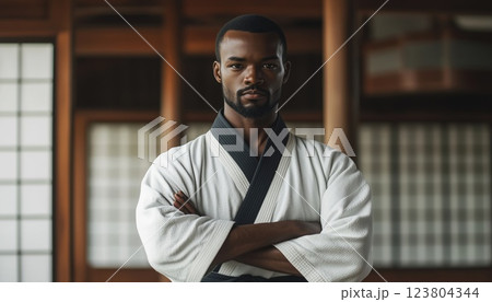 Man Demonstrating Aikido Techniques At Martial Arts School Promoting A Healthy Lifestyle And Black Sportsmanship. Man Demonstrating Aikido Techniques At Martial Arts School Promoting A Healthy Lifestyle And Black Sportsmanship. 123804344