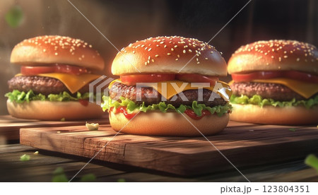 Savory Burgers Presented On Rustic Wooden Boards: A Delectable And Flavorful Dining Experience For Burger Enthusiasts. Enjoy! Savory Burgers Presented On Rustic Wooden Boards: A Delectable And Flavorful Dining Experience For Burger Enthusiasts. Enjoy! 123804351
