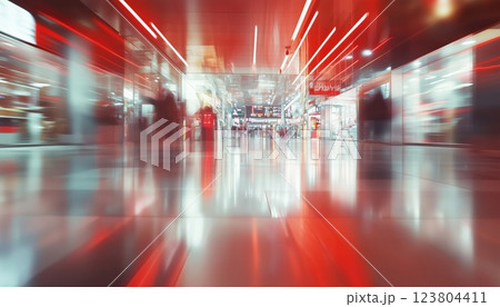 Duty-Free Shopping And Abstract Blur Shopping Mall And Department Store Experience At An Airport. Enjoy A Tax-Free Shopping Experience. 123804411
