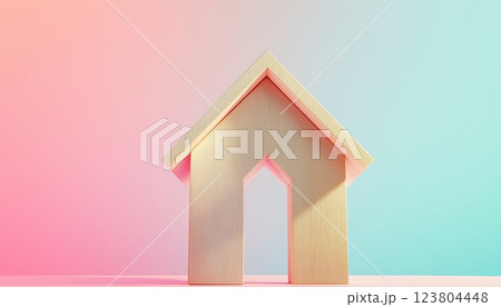 Wooden House Model Or Up Arrow On Pastel Background: Exploring Finance And Banking In The Real Estate Industry For Financial Success And Growth. Generous Copy Space For Creative Rendering. 123804448