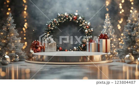 Podium Stage Platform With Christmas And New Year Event Theme: Merry Christmas Product Display Mock-Up With Empty Stand Pedestal Decor In Winter Scene Render. 123804487