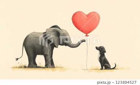 Adorable Elephant And Dog Embracing With A Heart-Shaped Balloon In Their Trunk And Mouth, Illustrating Love And Friendship. 123804527