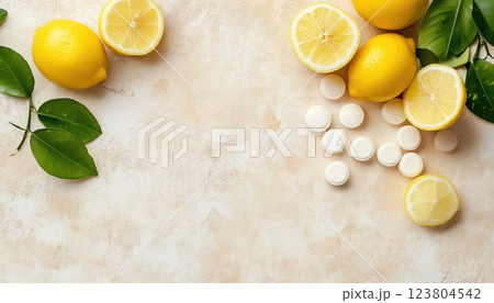 Lemons And Vitamin C Effervescent Tablets Displayed On Beige Grunge Table, A Colorful And Vibrant Setting That Promotes Health And Wellness. 123804542