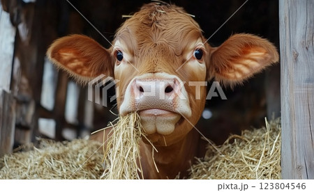 Red Jersey Dairy Cows Standing In Stall, Eating Hay: A Portrait Of Livestock Industry On A Dairy Farm 123804546