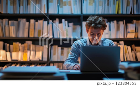 It Consultant Setting Up Document Management System On Laptop In Office For Organizing, Searching, And Managing Corporate Files And Information. 123804555