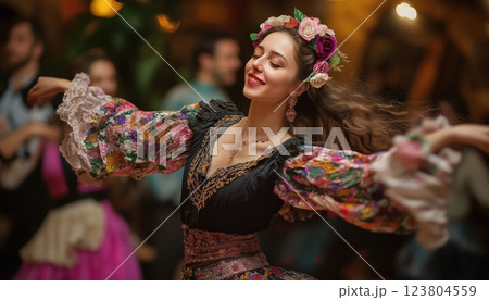 Traditional Romany Dance And Folk Songs Performance At Gypsy Dance Festival: Beautiful Roma Gypsy Women In National Attire Dancing At Wedding Reception. Traditional Romany Dance And Folk Songs Performance At Gypsy Dance Festival: Beautiful Roma Gypsy Women In National Attire Dancing At Wedding Reception. 123804559