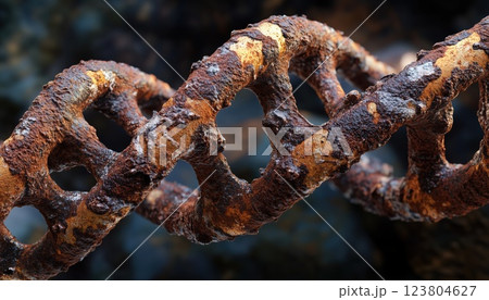 Surreal Digital Art: Depiction Of Damaged Rusty Dna Strands In A Unique Rendering With A Mysterious Appeal. A Creative Piece. 123804627