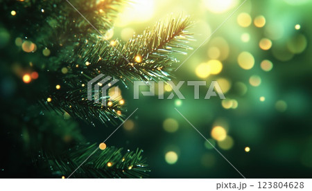 Soft Glowing Christmas Tree Branches With Blurred Bokeh Effects: Holiday De-Focus Template For Christmas And New Year. 123804628