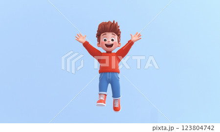 A joyful cartoon character with brown hair jumps happily against a blue sky. 123804742