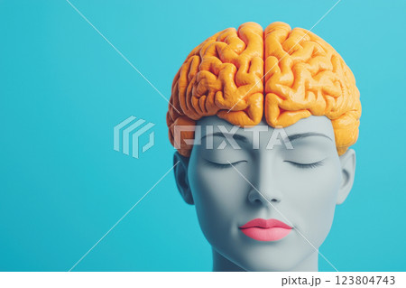 A mannequin head with an artistic brain representation in bright yellow against blue backdrop. 123804743