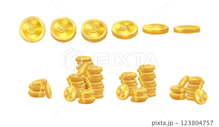 Realistic golden coins pile. Stacks of gold money, cash or treasure. Bank and finance. Investment, profit or gain. Copy space. Vector 123804757