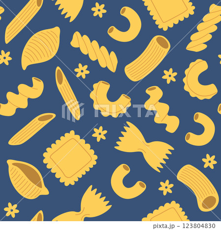 Seamless pattern with pasta and macaroni, various shapes and types. Hand-drawn  illustration in cute trendy style. 123804830