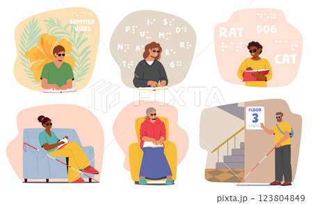 Blind people cartoon characters reading in Braille book or lettering with sensory perception set Blind people cartoon characters reading in Braille book or lettering with sensory perception set 123804849