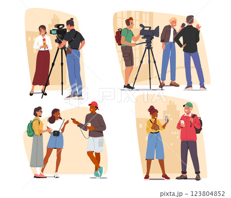 People bloggers, journalists with cameraman filming video interview speaking with citizens on street People bloggers, journalists with cameraman filming video interview speaking with citizens on street 123804852