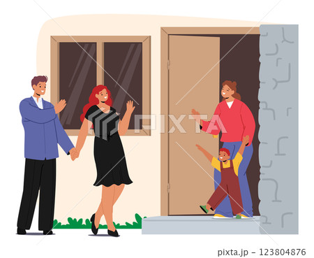Parents walking on dating while nanny caring for boy child cartoon scene of farewell on the doorstep 123804876