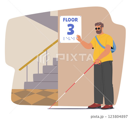 Blind man reading lettering of floor number with Braille special font determining his destination 123804897