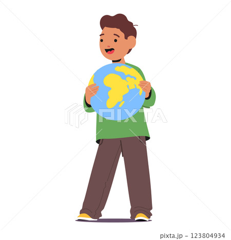 Happy schoolboy eco activists character holding earth planet globe banner in hand isolated on white 123804934