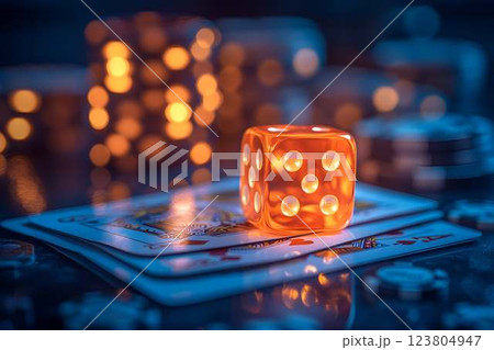 A glowing orange translucent die on top of playing cards, with blurred casino lights in the background A glowing orange translucent die on top of playing cards, with blurred casino lights in the background 123804947