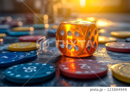 A golden translucent die resting on a poker table with scattered colorful poker chips, under warm sunlight A golden translucent die resting on a poker table with scattered colorful poker chips, under warm sunlight 123804949