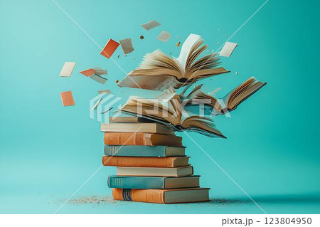 A dramatic composition of old books flying apart in mid-air, with pages scattering against a turquoise background 123804950