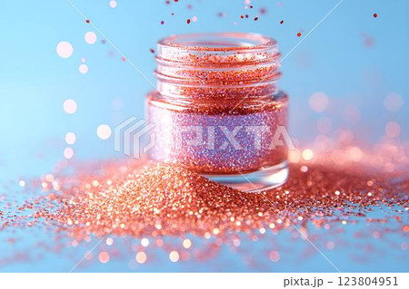 A small glass jar of pink glitter with sparkling particles floating in the air, creating a magical effect 123804951