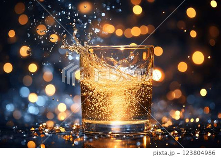 A splash of golden liquid in a glass, captured mid-motion with sparkling bubbles and warm glowing bokeh lights 123804986