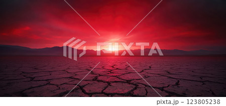 A dramatic sunset casts a red hue over a cracked earth landscape, evoking deep emotions. A dramatic sunset casts a red hue over a cracked earth landscape, evoking deep emotions. 123805238