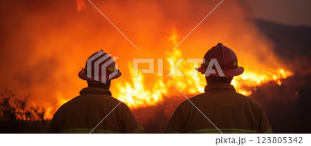 Firefighters faced with a raging wildfire, highlighting courage and resilience in crisis. 123805342