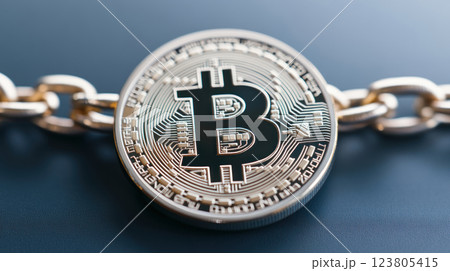 Close-up of a Bitcoin coin on a chain, symbolizing digital currency and investment. 123805415