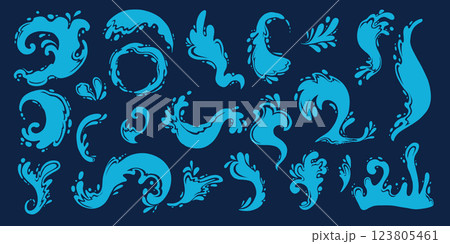 Water splashes silhouettes. Cartoon liquid water drops, flows and waves, black aqua splashes flat vector illustration set. Water splash silhouettes on dark backbround Water splashes silhouettes. Cartoon liquid water drops, flows and waves, black aqua splashes flat vector illustration set. Water splash silhouettes on dark backbround 123805461
