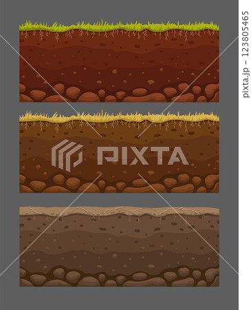 Seamless soil layers. Layered dirt clay, ground layer with stones and grass on dirts cliff texture, underground buried rock, archeology landscape cartoon vector pattern isolated set 123805465
