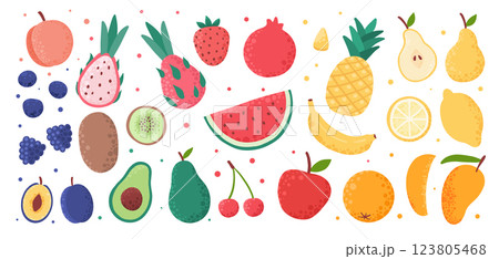 Hand drawn colorful fruits and berries. Trendy abstract minimal style. Natural tropical fruits. Fig, cherry, apple, peach, lemon, banana, avocado, pomegranate, pineapple, melon. Vector illustration 123805468