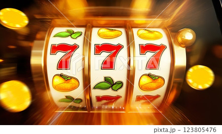 Jackpot slot machine with triple sevens and fruit symbols. 123805476